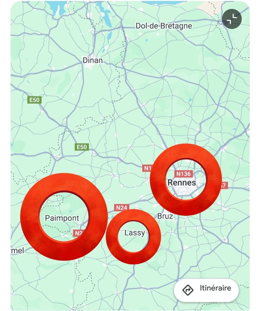 Carte avec les villes de Paimpont, Lassy et Rennes mises en évidence.