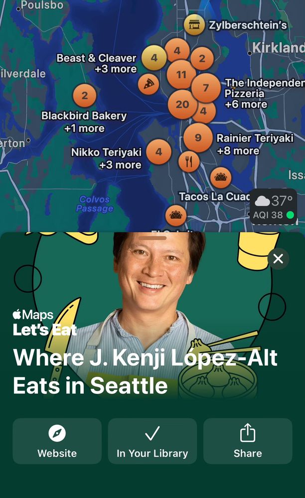 Apple map showing locations in Seattle where Kenji Lopez Alt eats