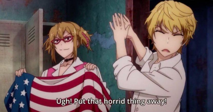 Anime american flag cringe meme reading “ugh put that horrid thing away!”