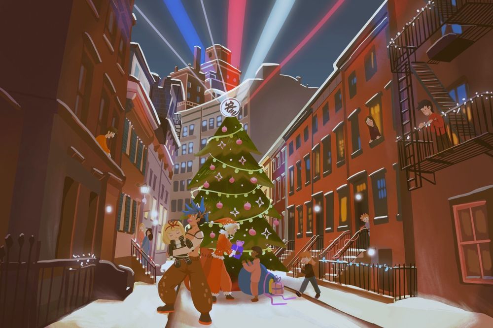 galo as a reindeer and lio as santa delivering toys to kid in promepolis