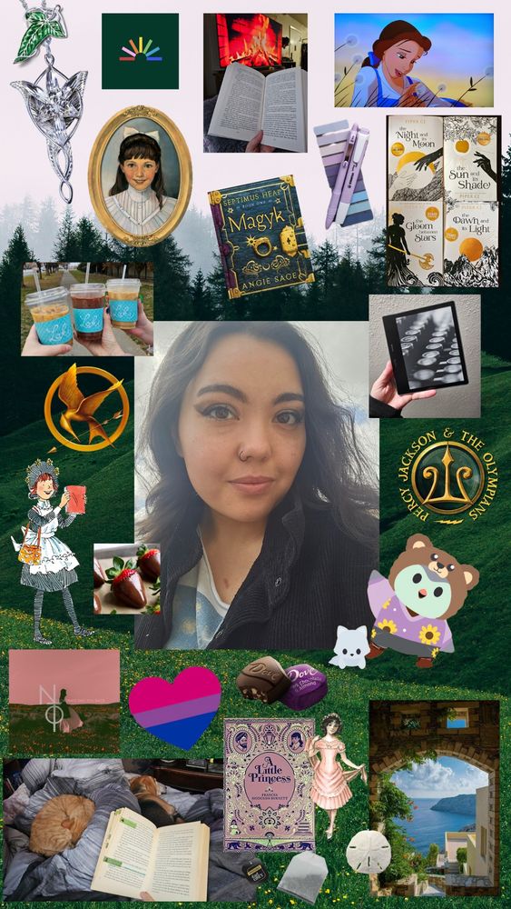Photo collage; selfie superimposed on top of a green hill and foggy forest landscape background, with smaller surrounding images that represent many of my favorite things: The Lord of the Rings, Fable, portrait of Samantha Parkington, open book in front of tv fireplace, Belle from Beauty and the Beast, book annotation tabs & pens, book series: The Night And Its Moon by Piper CJ, Magyk by Angie Sage, Kindle Oasis, Percy Jackson by Rick Riordan, Hunger Games by Suzanne Collins, Amelia Bedelia by Peggy Parish, A Little Princess by Frances Hodgson Burnett, Loki coffee with friends, chocolate covered strawberries, Dove dark almond chocolates, tea, ocean view and sand dollar, bisexual pride flag in the shape of a heart, album cover for the band Night Terrors of 1927, my green Finch friend and her arctic fox micropet, open book in front of my two napping fur babies: female orange tabby cat and male beagle. 