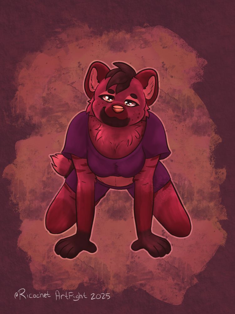 A fullbody drawing of a hyena OC for ArtFight. The character is on the ground and looking up seductively at the viewer. 