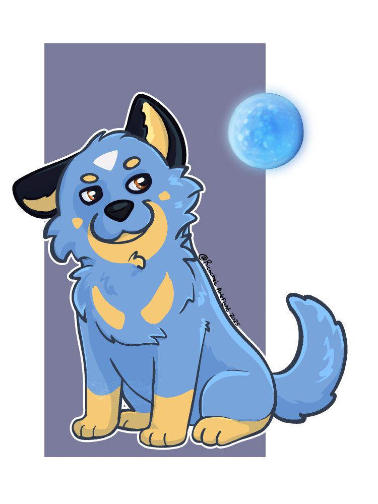 Artfight fullbody attack of a blue canine character. The OC is side-eying a floating blue orb. What is she thinking about...?

It's signed "@Ricochet Artfight 2025"