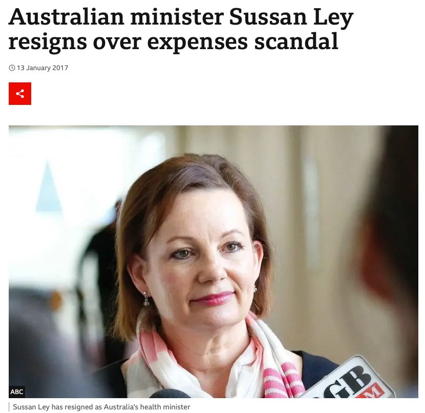 News clipping: "Australian Minister Sussan Ley resigns over expenses scandal"

BBC, 13 January 2017.