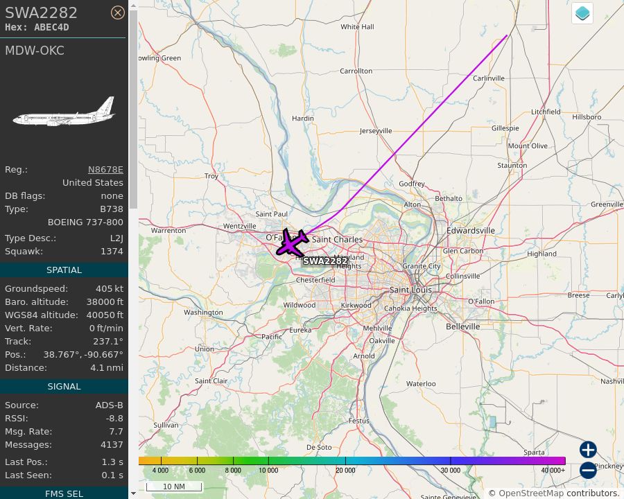 Map of the St. Louis area showing the position and track of the aircraft described in the post.