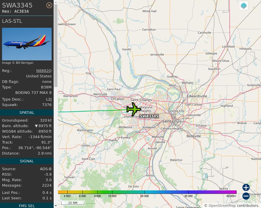 Map of the St. Louis area showing the position and track of the aircraft described in the post.