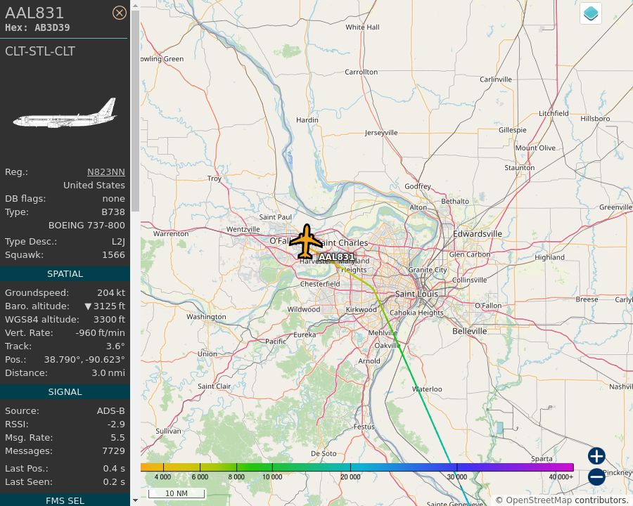 Map of the St. Louis area showing the position and track of the aircraft described in the post.
