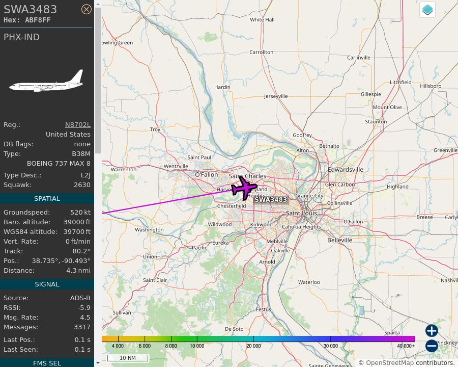 Map of the St. Louis area showing the position and track of the aircraft described in the post.