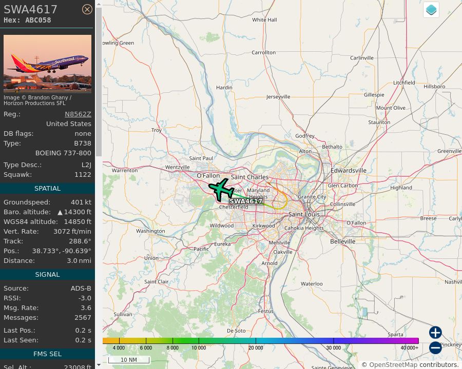 Map of the St. Louis area showing the position and track of the aircraft described in the post.