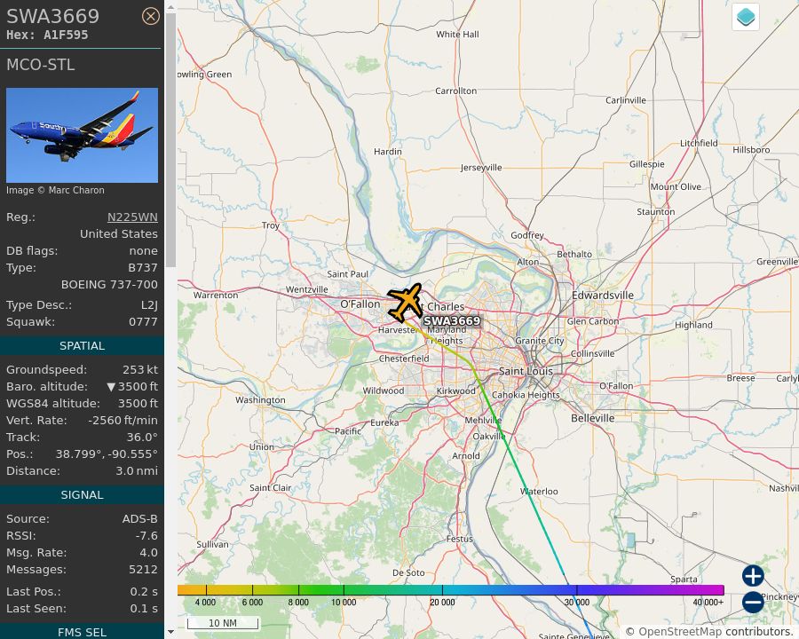 Map of the St. Louis area showing the position and track of the aircraft described in the post.