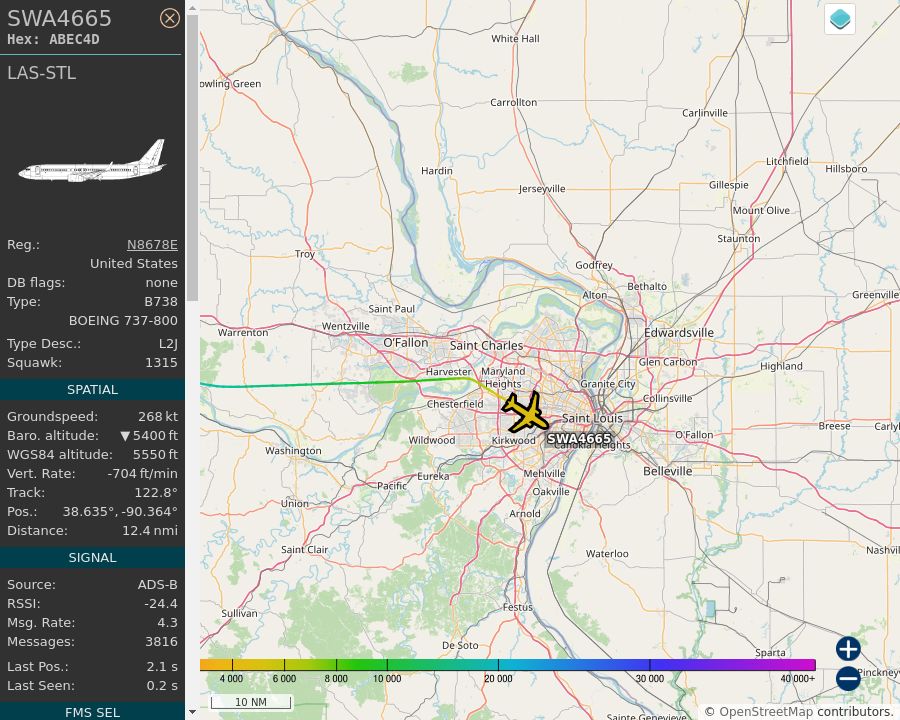 Map of the St. Louis area showing the position and track of the aircraft described in the post.