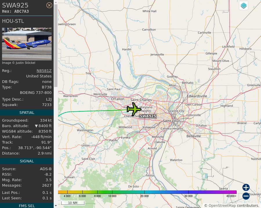 Map of the St. Louis area showing the position and track of the aircraft described in the post.
