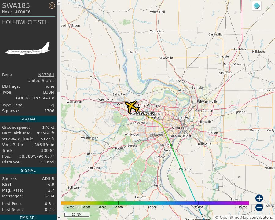 Map of the St. Louis area showing the position and track of the aircraft described in the post.