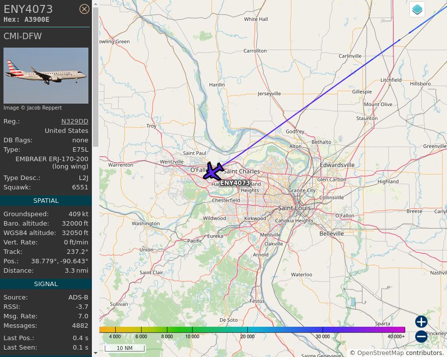 Map of the St. Louis area showing the position and track of the aircraft described in the post.
