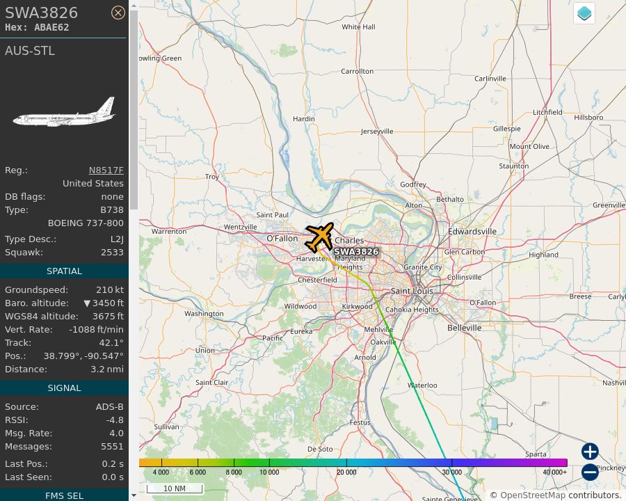 Map of the St. Louis area showing the position and track of the aircraft described in the post.