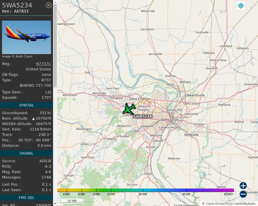 Map of the St. Louis area showing the position and track of the aircraft described in the post.