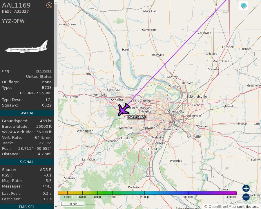 Map of the St. Louis area showing the position and track of the aircraft described in the post.