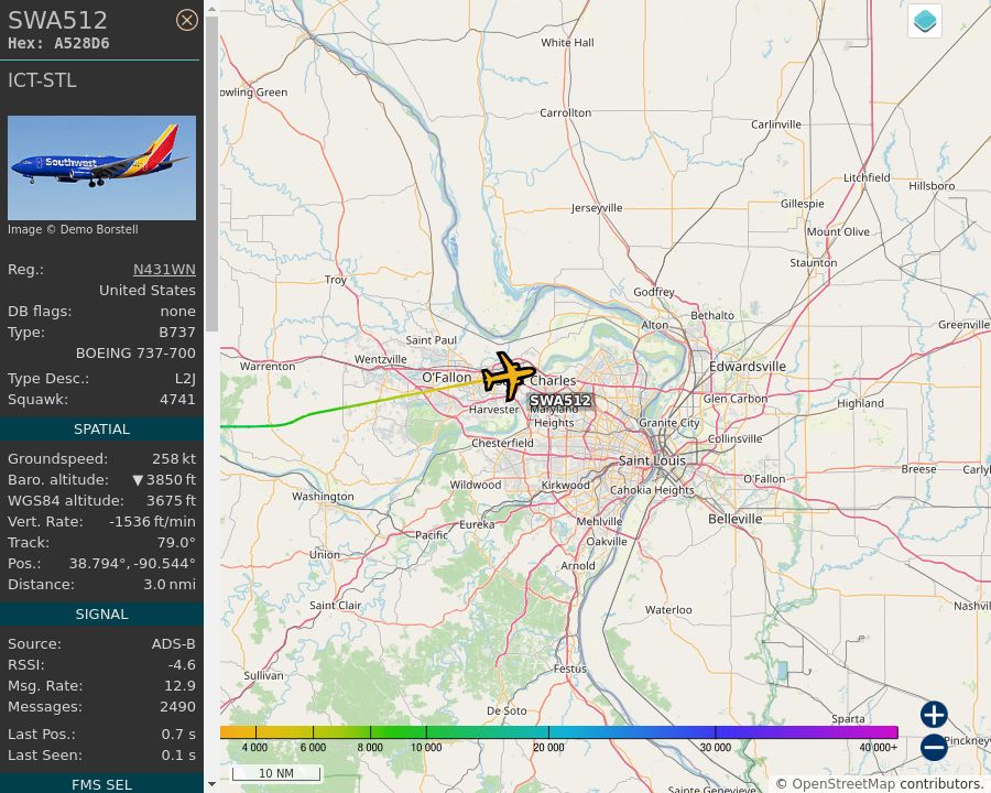 Map of the St. Louis area showing the position and track of the aircraft described in the post.
