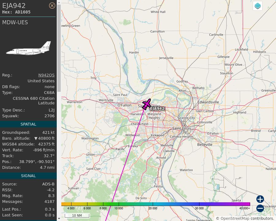 Map of the St. Louis area showing the position and track of the aircraft described in the post.