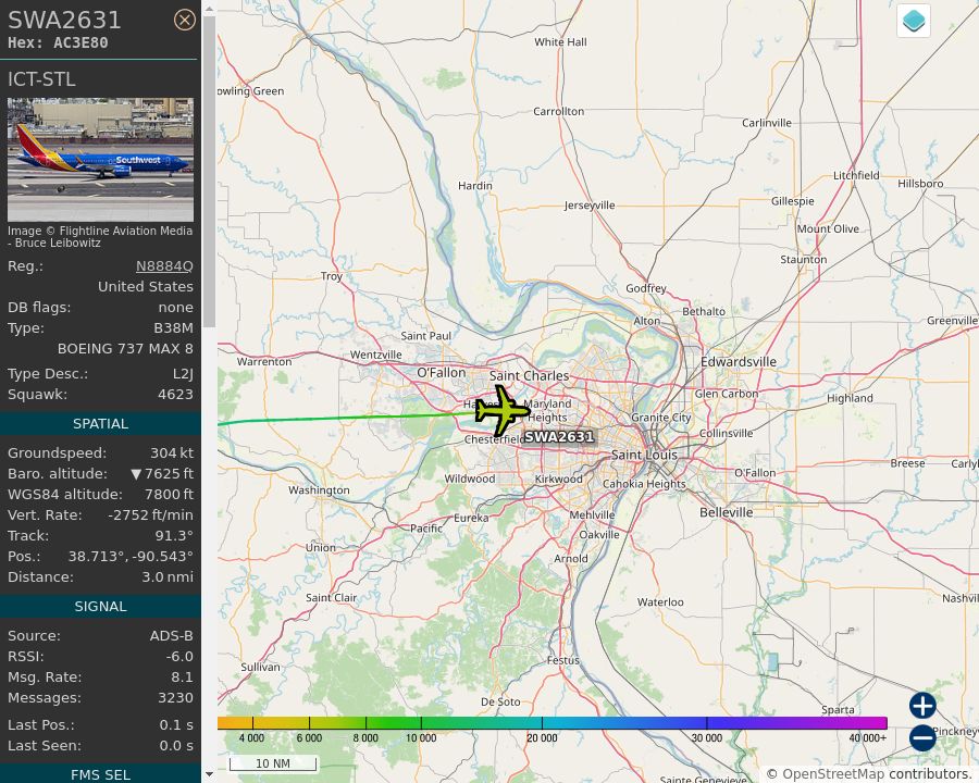 Map of the St. Louis area showing the position and track of the aircraft described in the post.