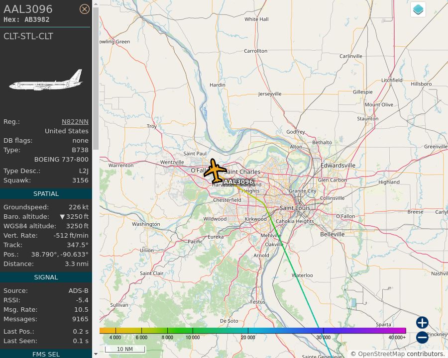 Map of the St. Louis area showing the position and track of the aircraft described in the post.