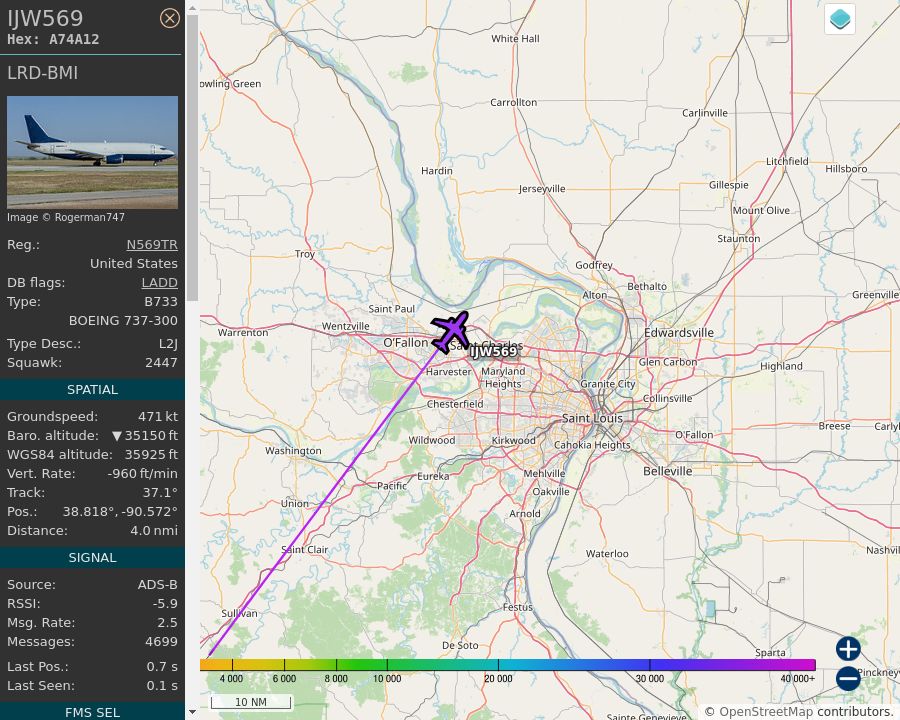 Map of the St. Louis area showing the position and track of the aircraft described in the post.