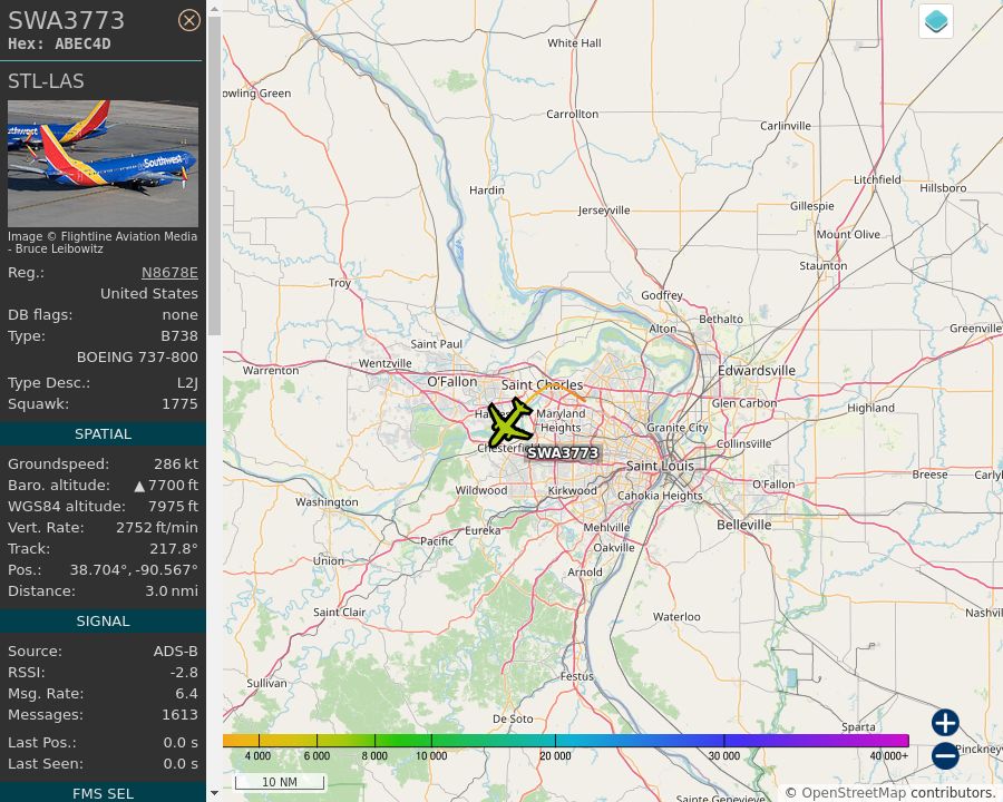 Map of the St. Louis area showing the position and track of the aircraft described in the post.