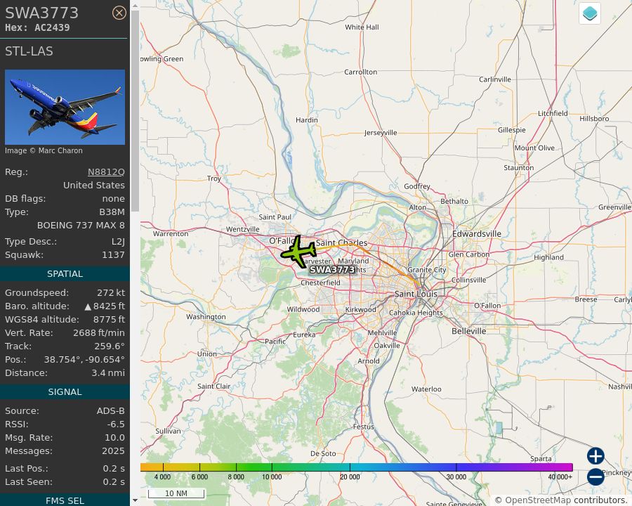 Map of the St. Louis area showing the position and track of the aircraft described in the post.