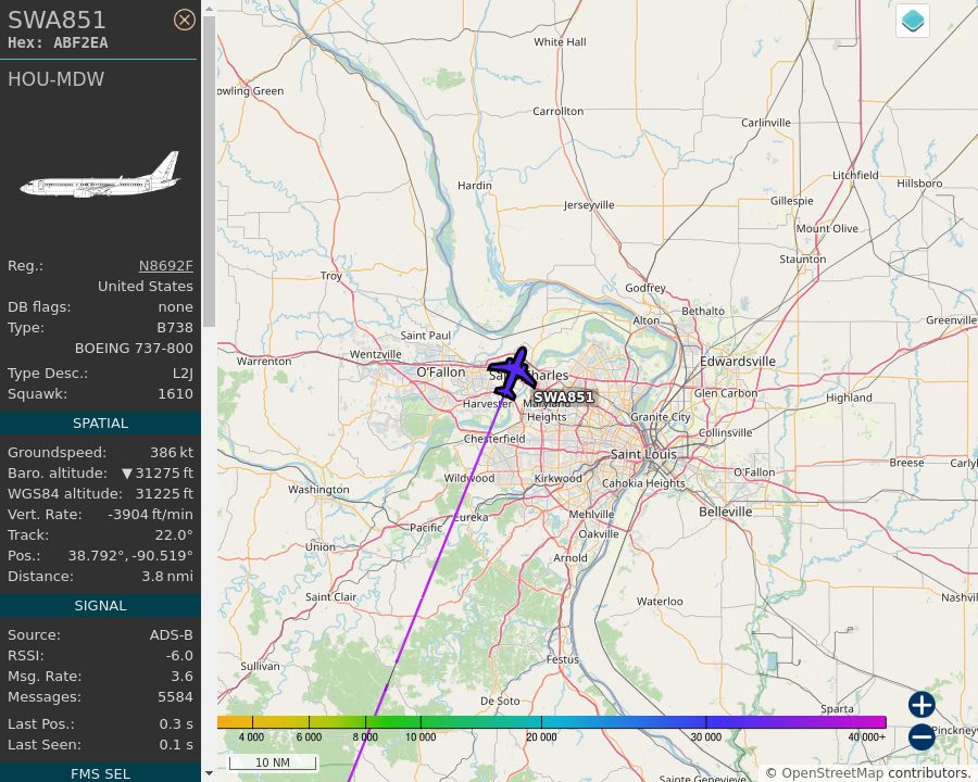 Map of the St. Louis area showing the position and track of the aircraft described in the post.