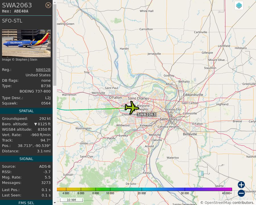 Map of the St. Louis area showing the position and track of the aircraft described in the post.