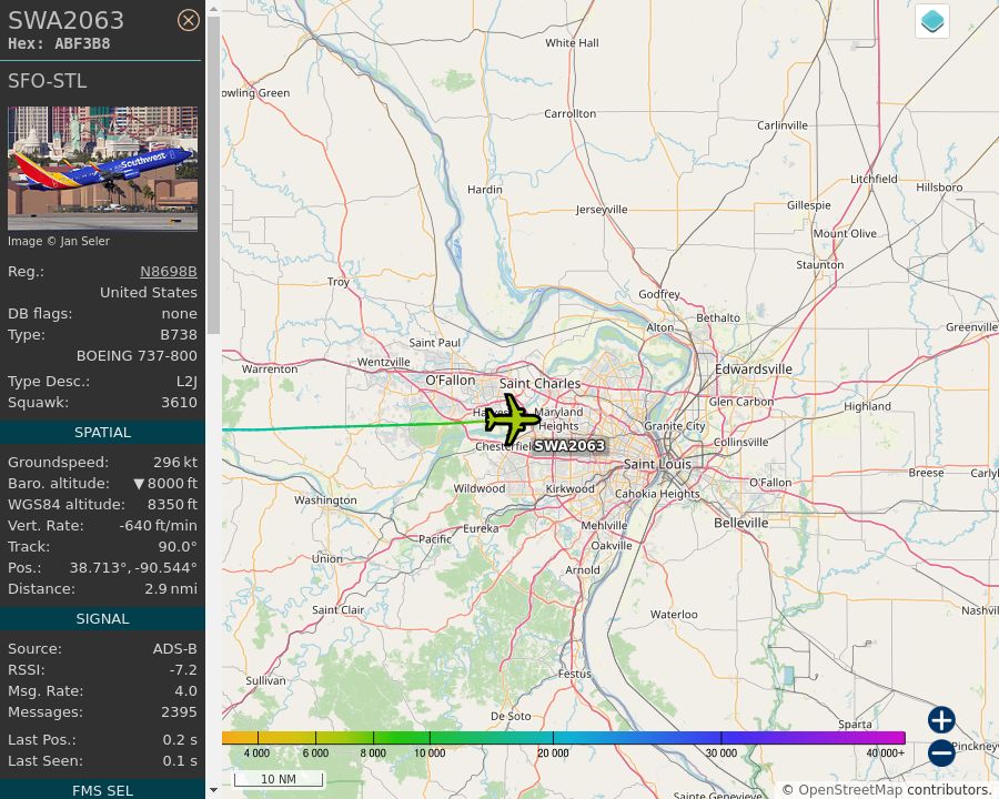 Map of the St. Louis area showing the position and track of the aircraft described in the post.