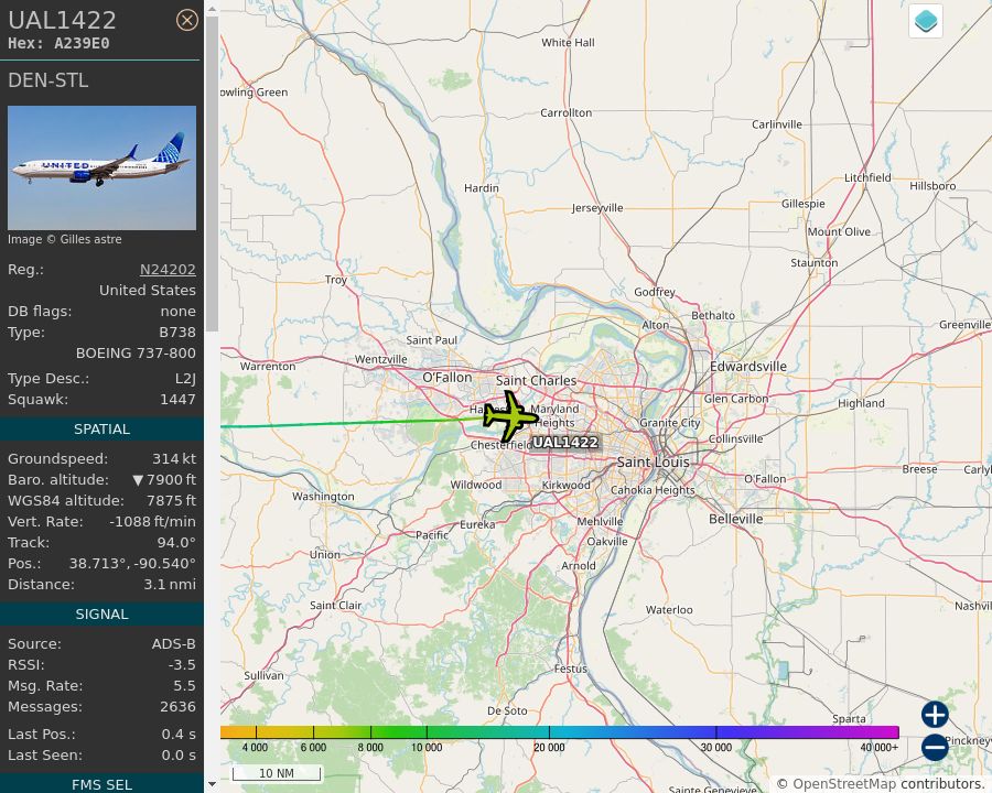 Map of the St. Louis area showing the position and track of the aircraft described in the post.
