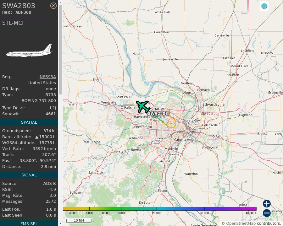 Map of the St. Louis area showing the position and track of the aircraft described in the post.