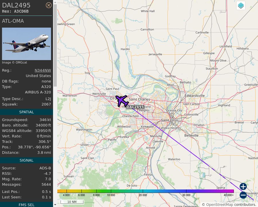 Map of the St. Louis area showing the position and track of the aircraft described in the post.