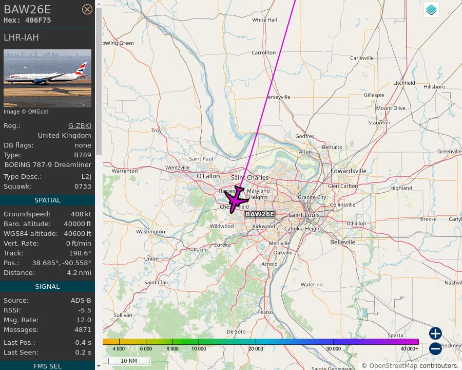 Map of the St. Louis area showing the position and track of the aircraft described in the post.