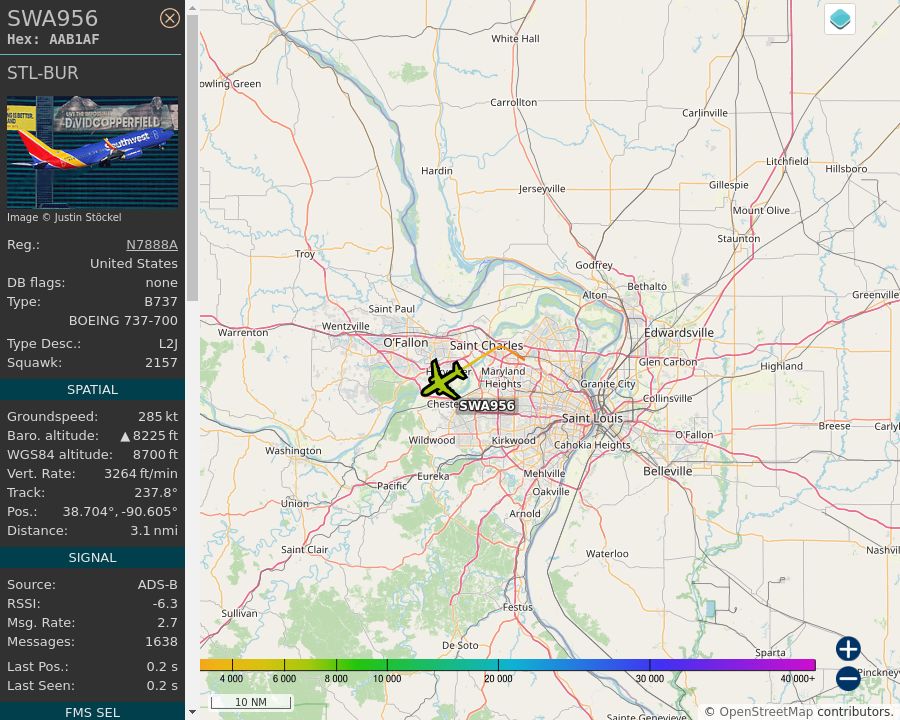 Map of the St. Louis area showing the position and track of the aircraft described in the post.