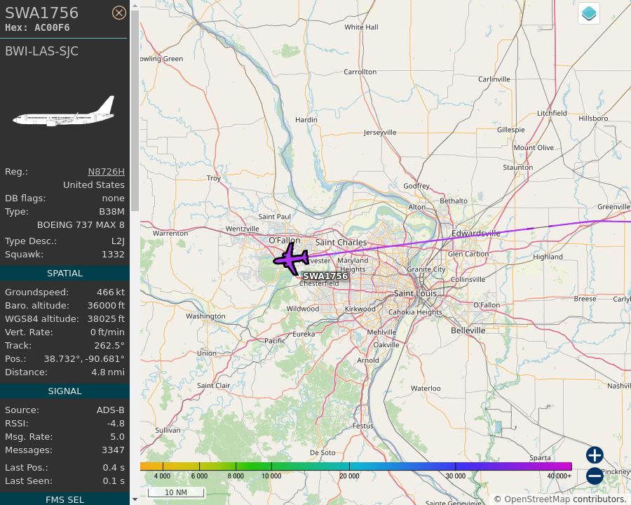 Map of the St. Louis area showing the position and track of the aircraft described in the post.