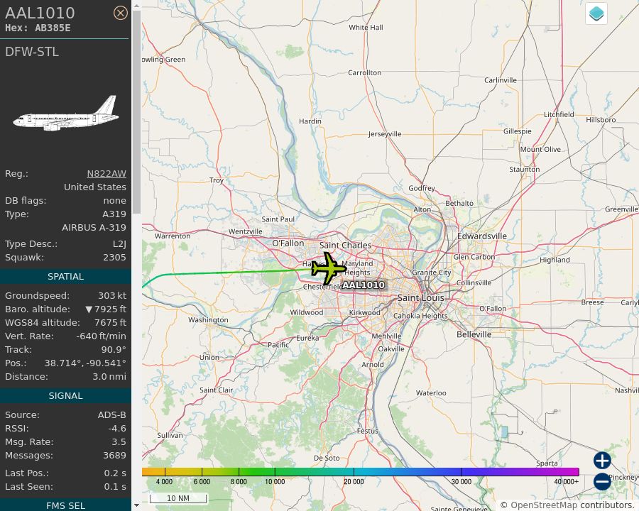 Map of the St. Louis area showing the position and track of the aircraft described in the post.