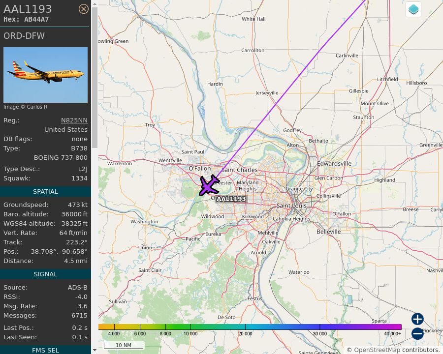 Map of the St. Louis area showing the position and track of the aircraft described in the post.