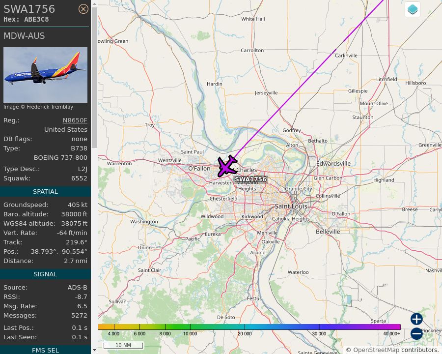 Map of the St. Louis area showing the position and track of the aircraft described in the post.