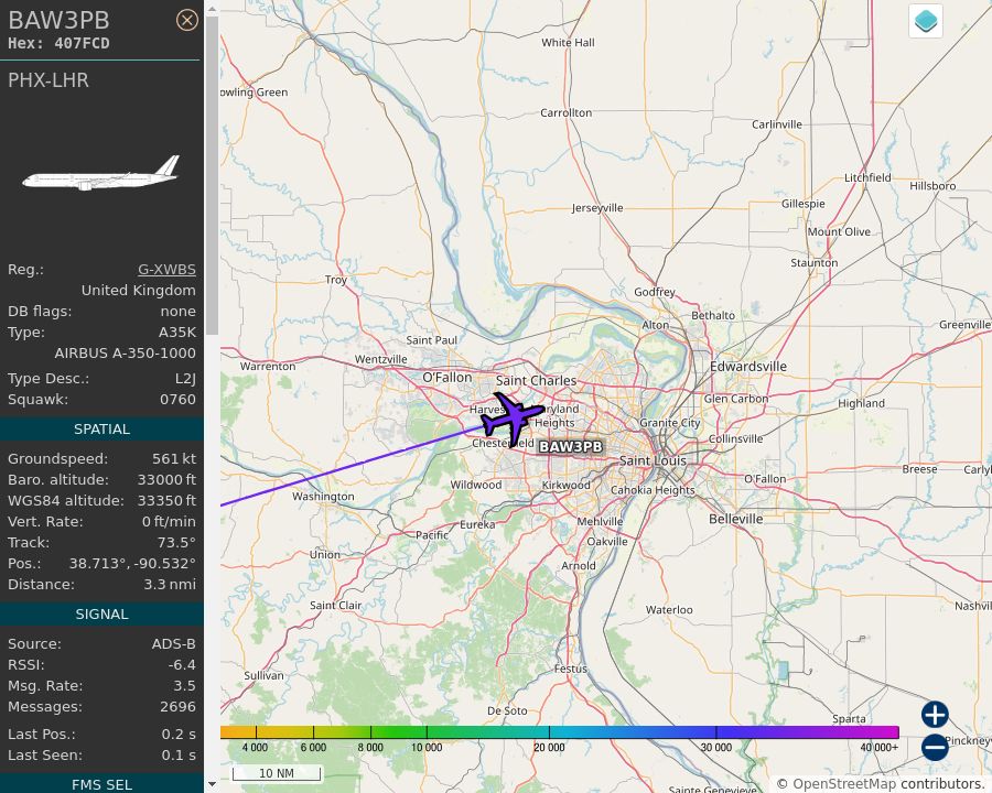 Map of the St. Louis area showing the position and track of the aircraft described in the post.