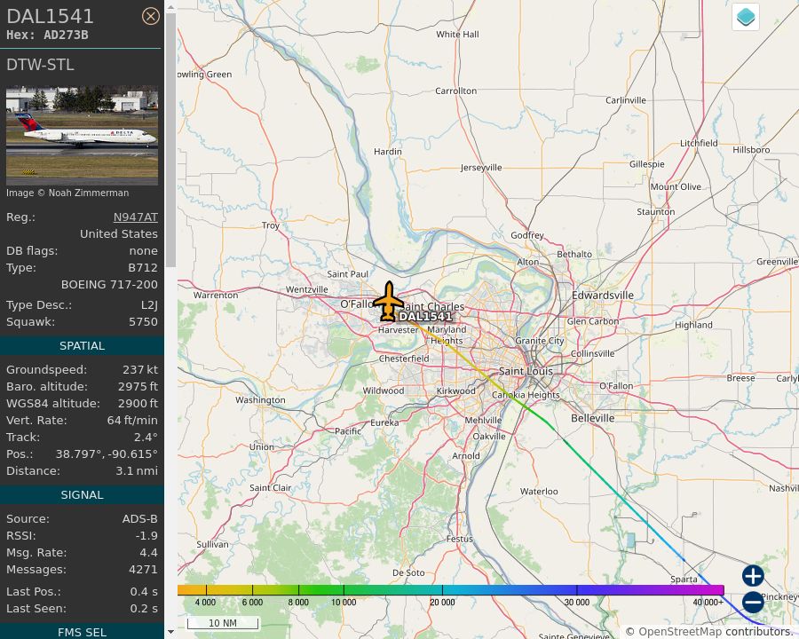 Map of the St. Louis area showing the position and track of the aircraft described in the post.