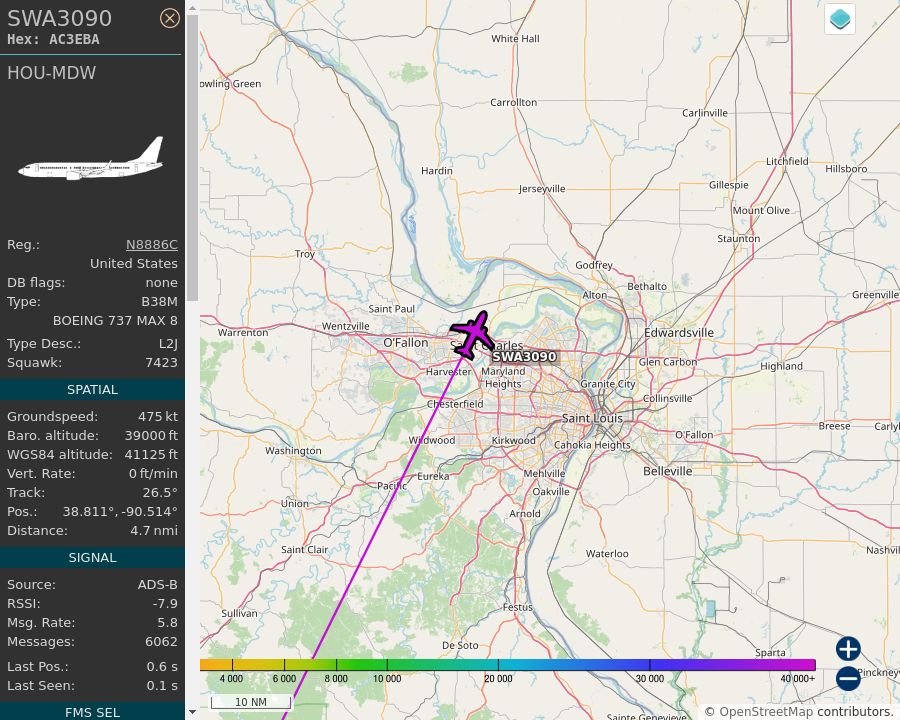 Map of the St. Louis area showing the position and track of the aircraft described in the post.