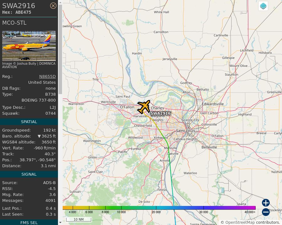 Map of the St. Louis area showing the position and track of the aircraft described in the post.