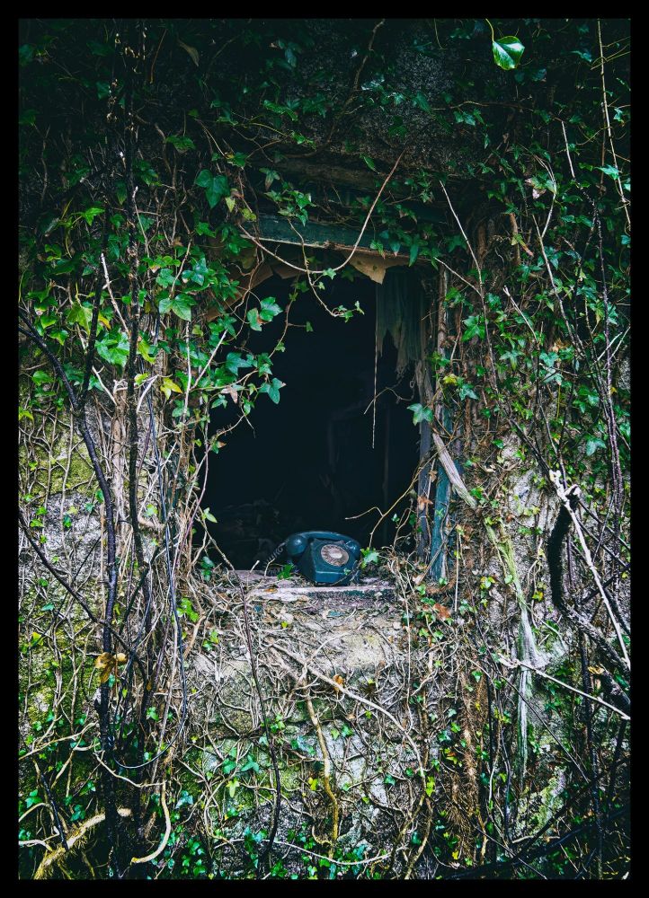 A green telephone sitting on the sill of an empty window frame, framed by ivy and brambles.
Olympus OMD EM10 MK2, Lumix 12-32mm lens @12mm f3.5 1/5s ISO640
