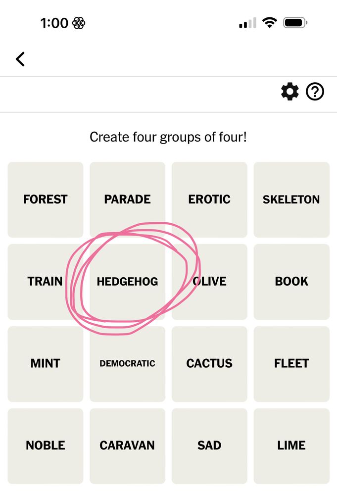 The daily NYT Connections puzzle, which includes the word “hedgehog” today.