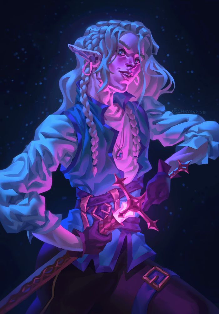 digital illustration of a handsome elf unsheathing his sword. the sword shines in a pink color.