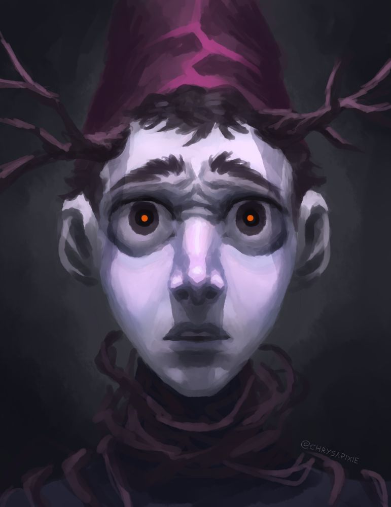 ilustração digital 2d fanart de over the garden wall. retrato de Wirt com olhos vermelhos, sendo consumido pela energia maligna da Fera. Wirt tem gravetos se entrelaçando ao redor dele.