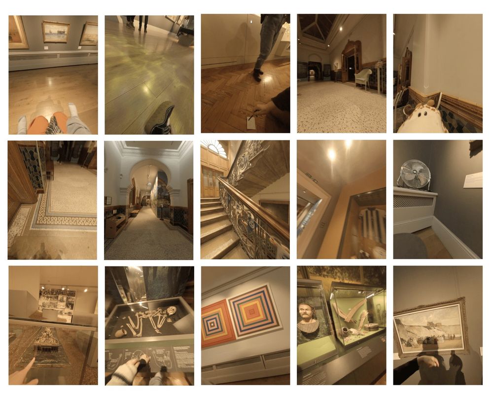 Seeing a museum from the baby point of view. Images collected by Sussex Baby Lab, recorded with cameras mounted on babies’ heads whilst visiting Brighton Museum and Art Gallery. Top row: Uniquely baby view points: How babies see the gallery will depend on their mode of transport. Babies in a sling will see the world from a similar point of view as their caregivers, while babies who are walking or in prams will spend a lot of time on the floor or seeing the world from a lower point of view. Other things might be vying for babies attention when they’re in the space! Middle row: babies’ attention will be captured by unintentional things like the architecture of the building, bright lights, and non exhibit objects (e.g. the fan which is curved and shiny – doubly exciting!). Moving between exhibits or galleries often means being in corridors – to keep babies engaged, providing something visually interesting for them to look at while they are transitioning between spaces is helpful. Bottom row: exhibits provide lots of opportunities for sharing a moment with their caregiver, especially when their caregiver is interacting in some way with an exhibit. Babies will seek out, look, and interact with the exhibits at museums, and they give lots of opportunity for them to practice their developing visual skills.