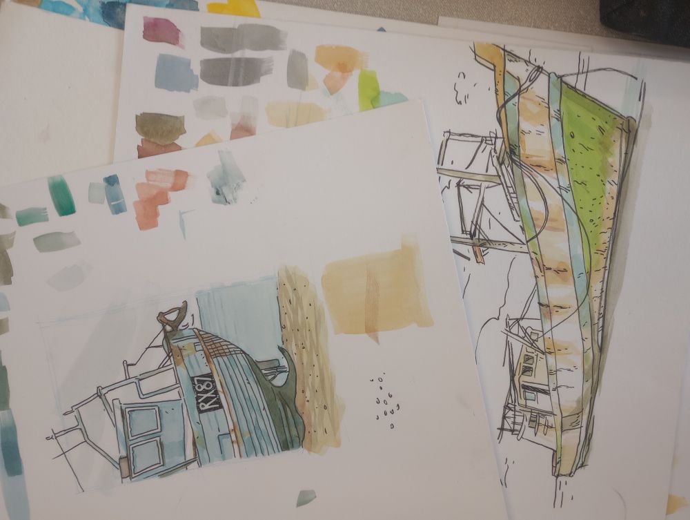 Pen and wash sketches of rusty boats.